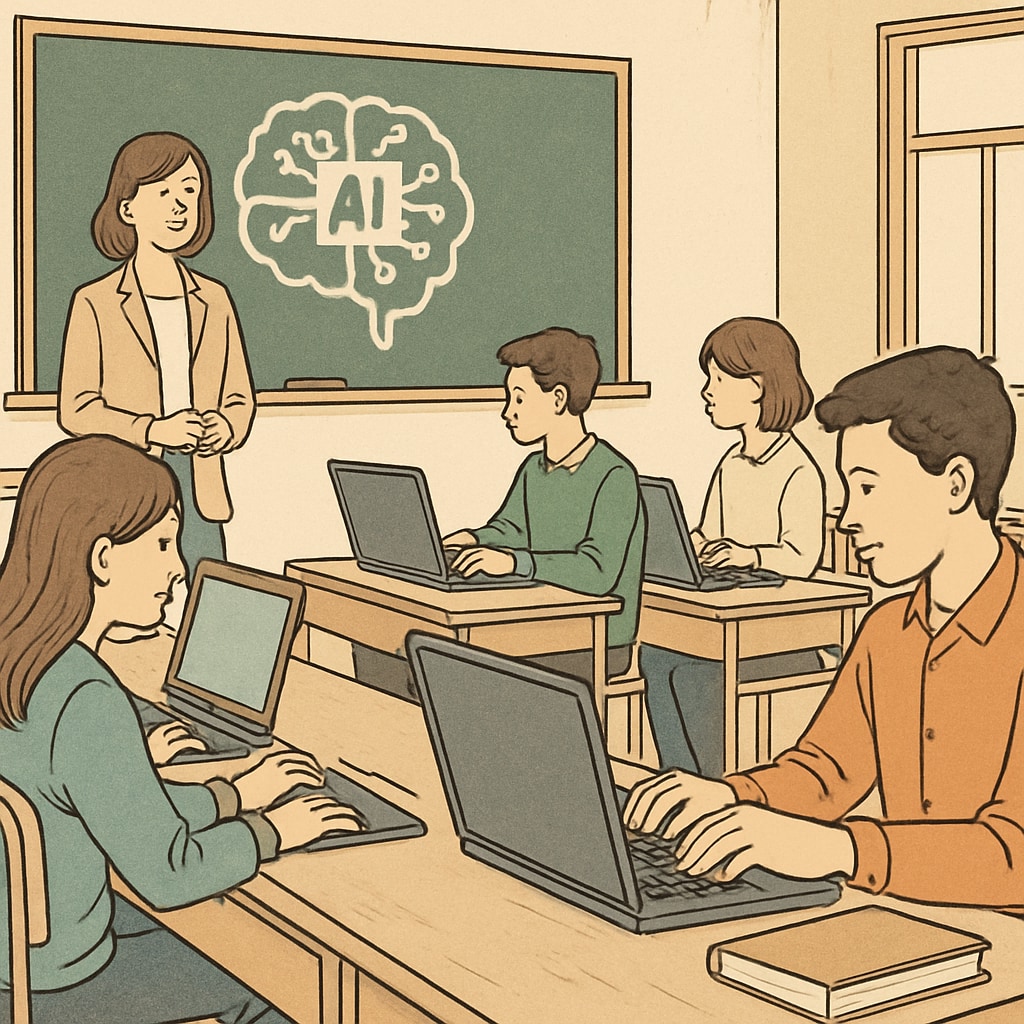 A classroom with students using laptops, symbolizing the integration of AI tools in education. Students in a classroom using laptops to represent AI tools in education.