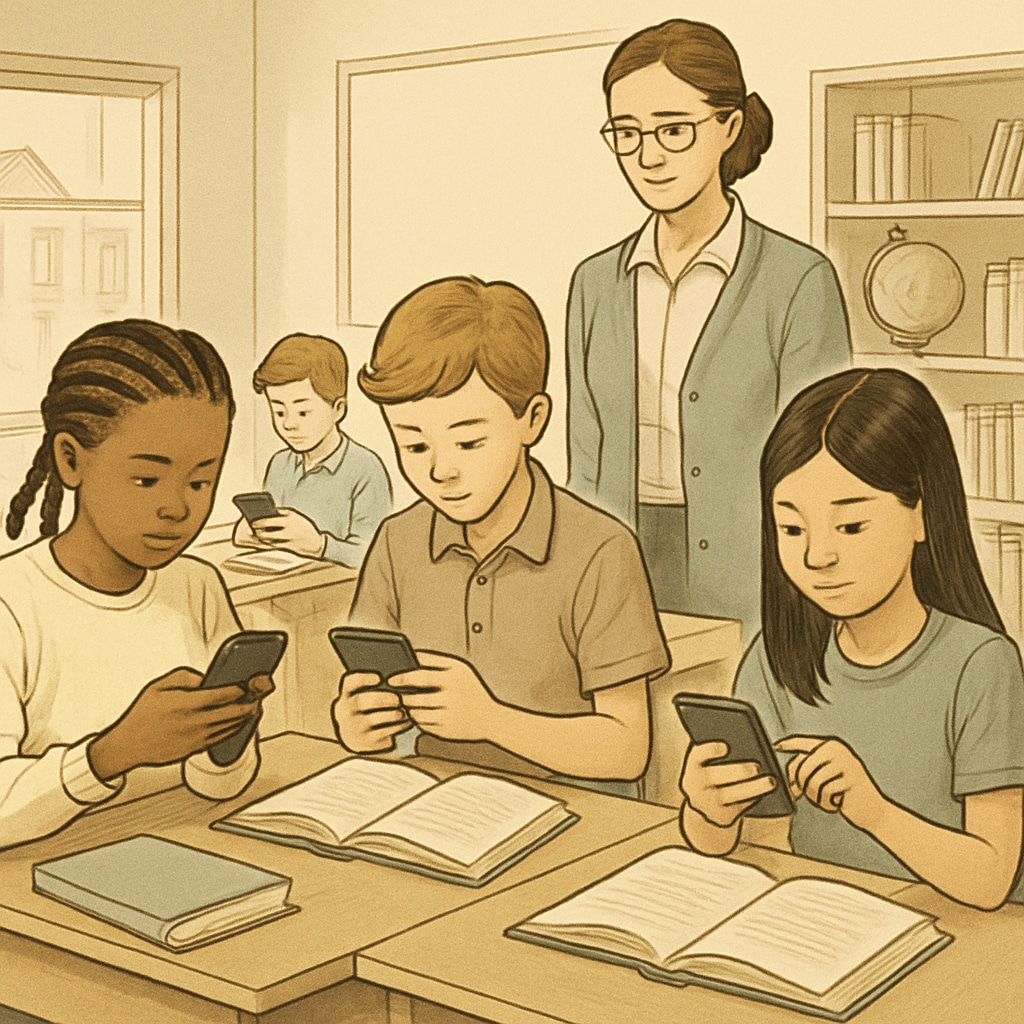 Students using smartphones responsibly during a supervised classroom activity in a private school setting. Students using smartphones responsibly in a private school, highlighting policy differences.