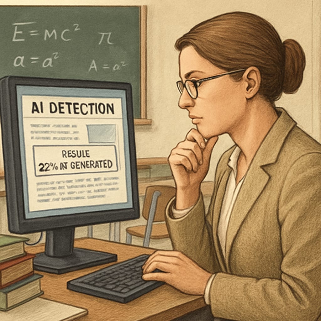 A teacher reviewing AI detection software on a computer screen in a classroom setting. A teacher evaluating AI detection software for educational purposes.