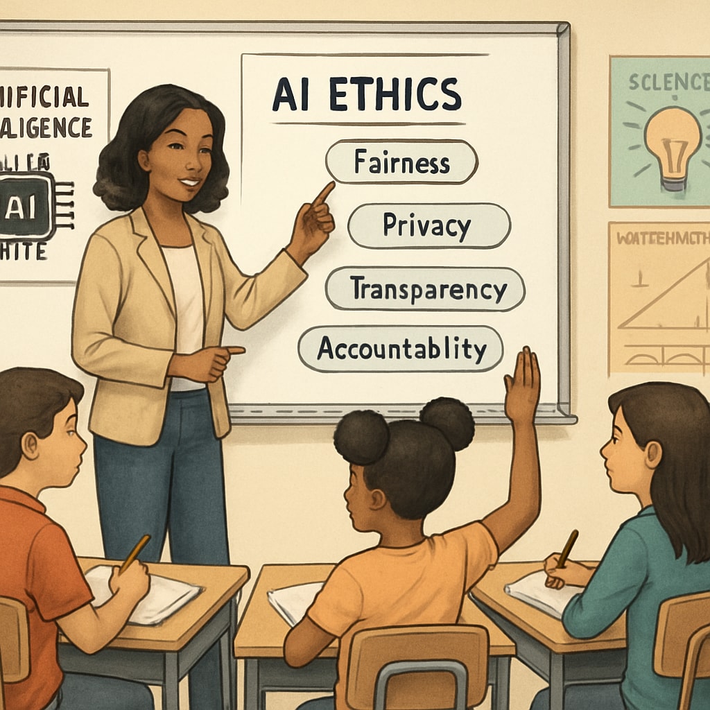 A teacher guiding students on ethical AI use in a K12 classroom environment. A teacher explaining ethical AI use to K12 students in a classroom.