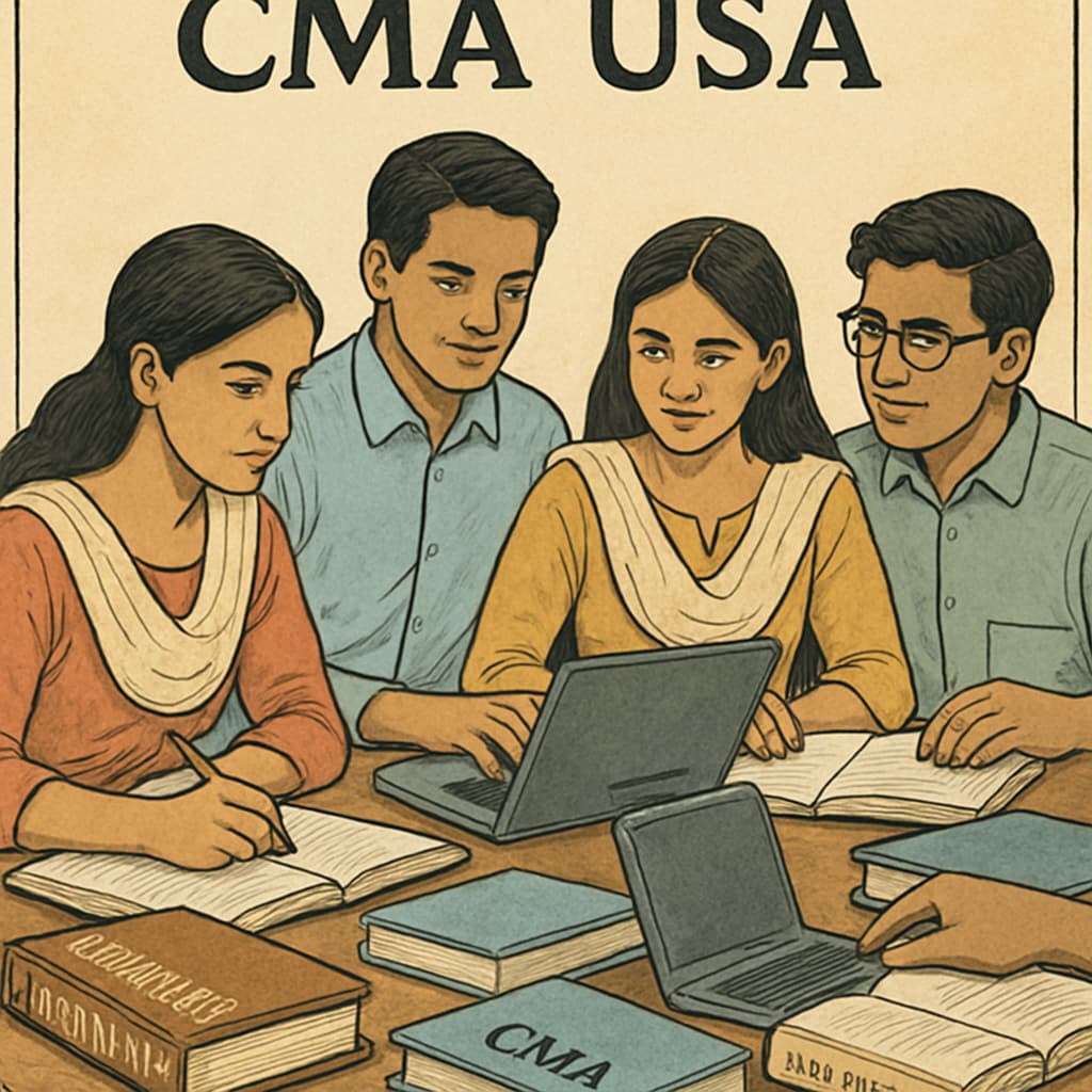 A group of students in Kerala studying for CMA USA certification, showcasing books and laptops in a collaborative environment. Kerala students preparing for CMA USA certification in a study group.