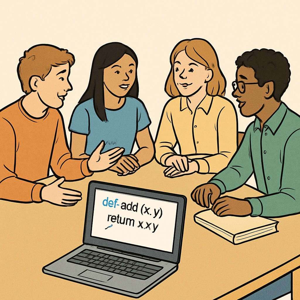A group of students discussing career options, with a computer showing coding examples in the foreground. Students discussing career choices in AI-driven fields, with coding displayed.