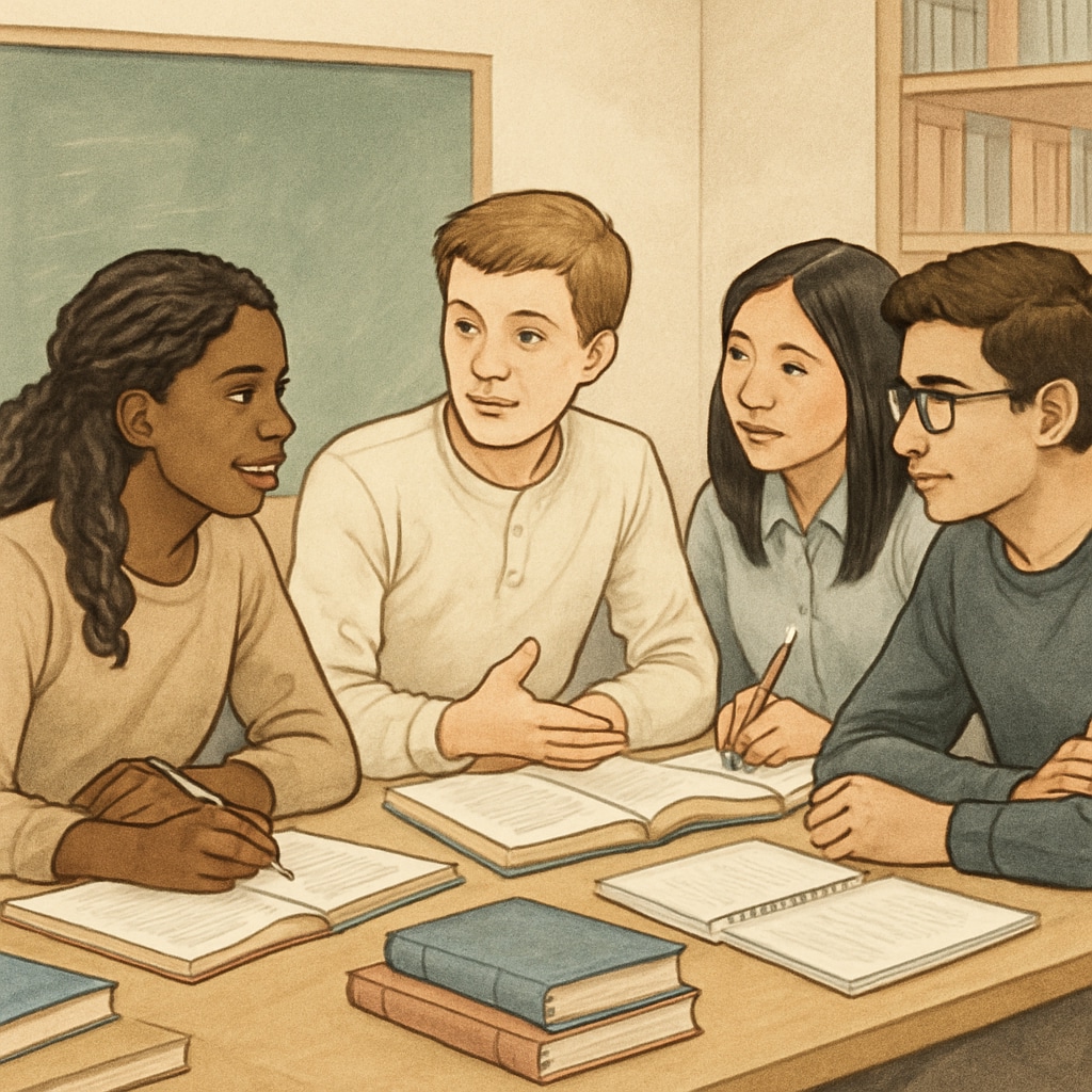 Students in a multicultural classroom discussing academic topics