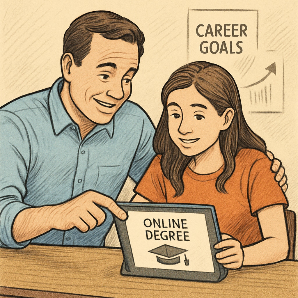 A parent and child reviewing online degree options together on a tablet, discussing future career goals. Parent and child researching cost-effective online business degrees.