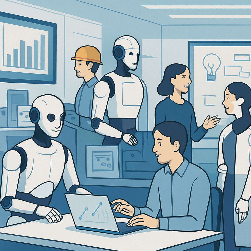 A futuristic image showcasing robots and humans collaborating in a workspace, representing AI's role in transforming industries. Collaboration between humans and robots in the workplace, symbolizing AI's impact.