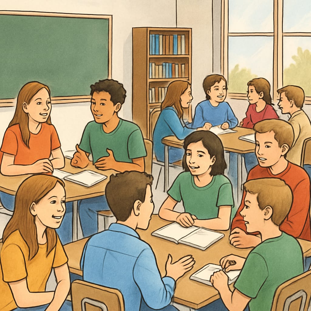 A classroom with students engaged in group discussions, no phones visible. This image highlights the social interaction benefits of phone bans. Students in a classroom discussing in groups without phones, emphasizing public school phone ban effects.