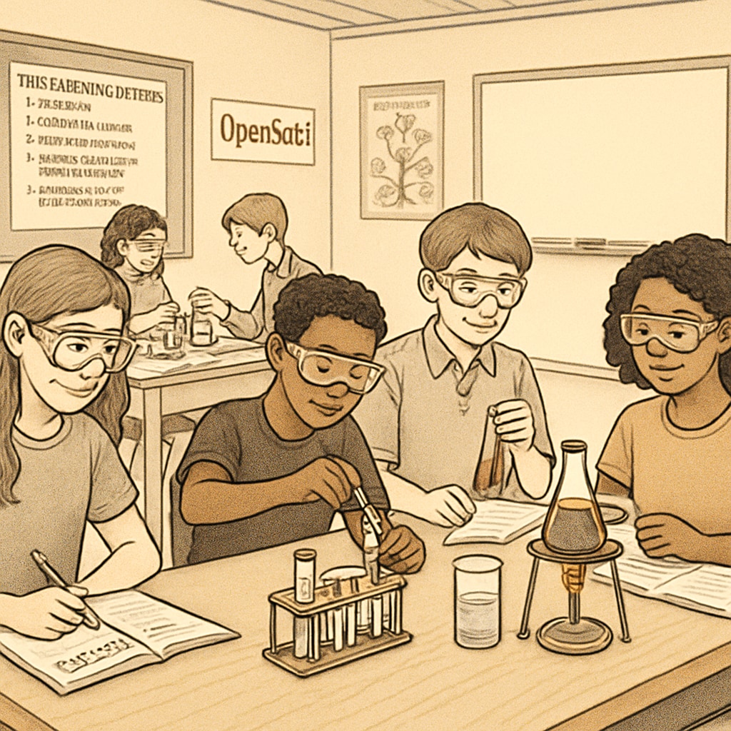 A classroom of middle school students conducting a hands-on science experiment using OpenSciEd materials. Middle school students engaged in a science experiment with OpenSciEd tools.