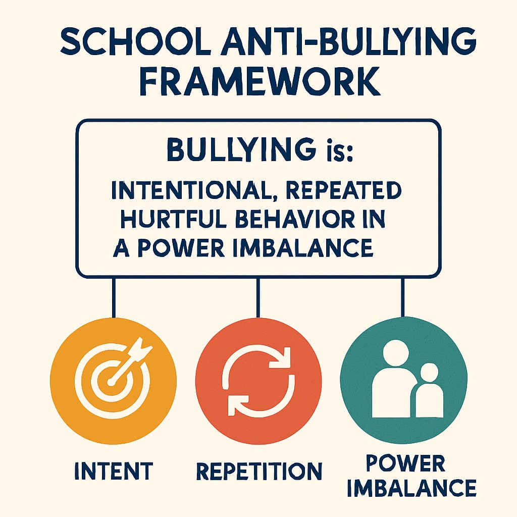 A visual representation of a school anti-bullying framework, with key criteria like intent, repetition, and power imbalance highlighted. School anti-bullying framework highlighting intent, repetition, and power imbalance.
