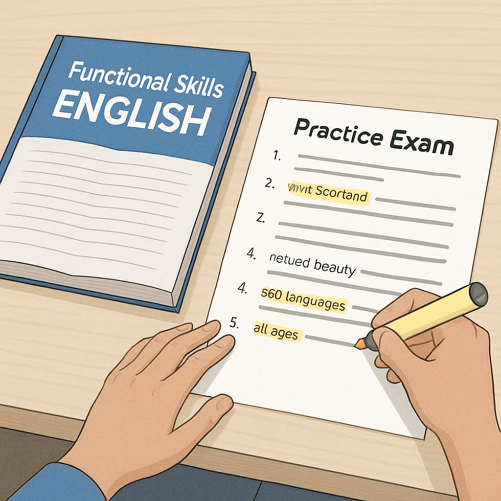 Student highlighting key phrases during Functional Skills English exam preparation.