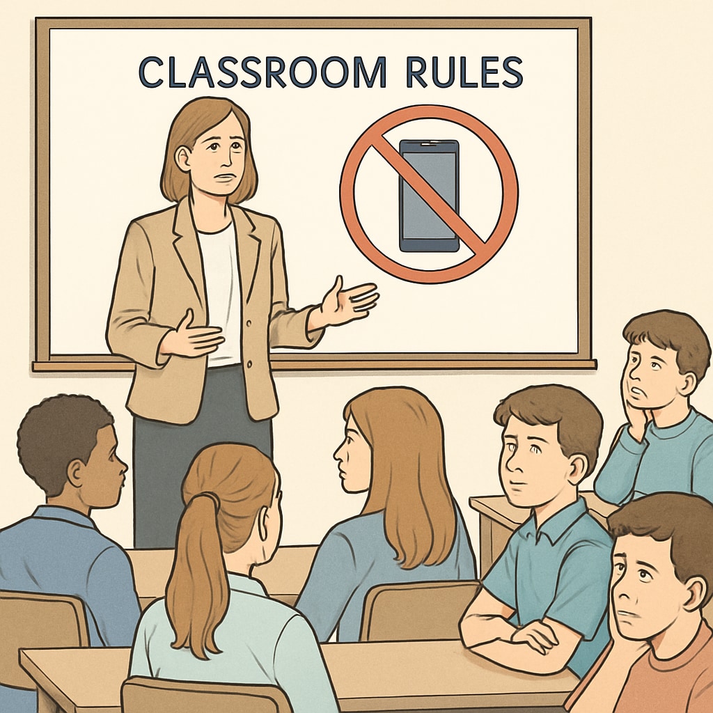 A teacher addressing a group of students about classroom rules, including phone use. This image reflects the enforcement challenges of phone bans. A teacher explaining classroom rules related to phone bans to a group of students, symbolizing public school challenges.