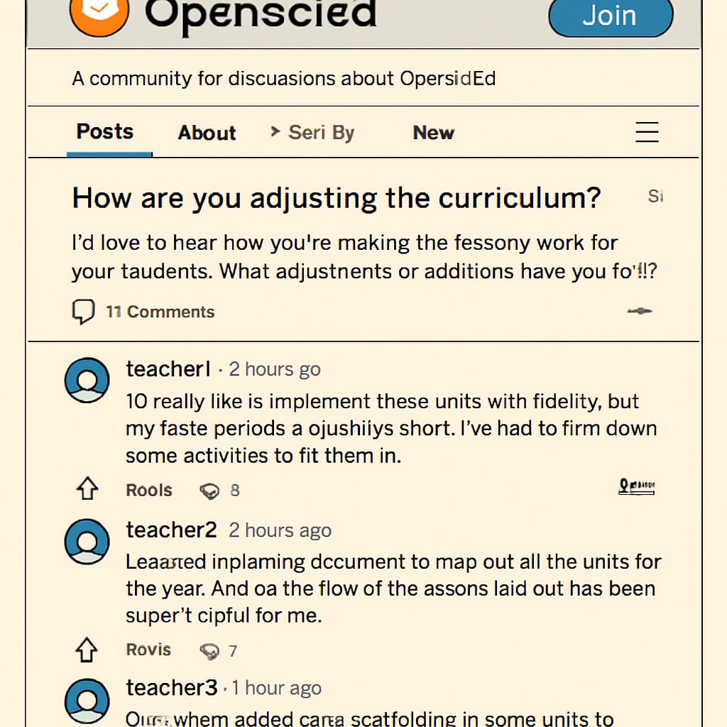 A screenshot of the OpenSciEd Reddit community, showcasing an active discussion thread among teachers. OpenSciEd Reddit community discussion screenshot.