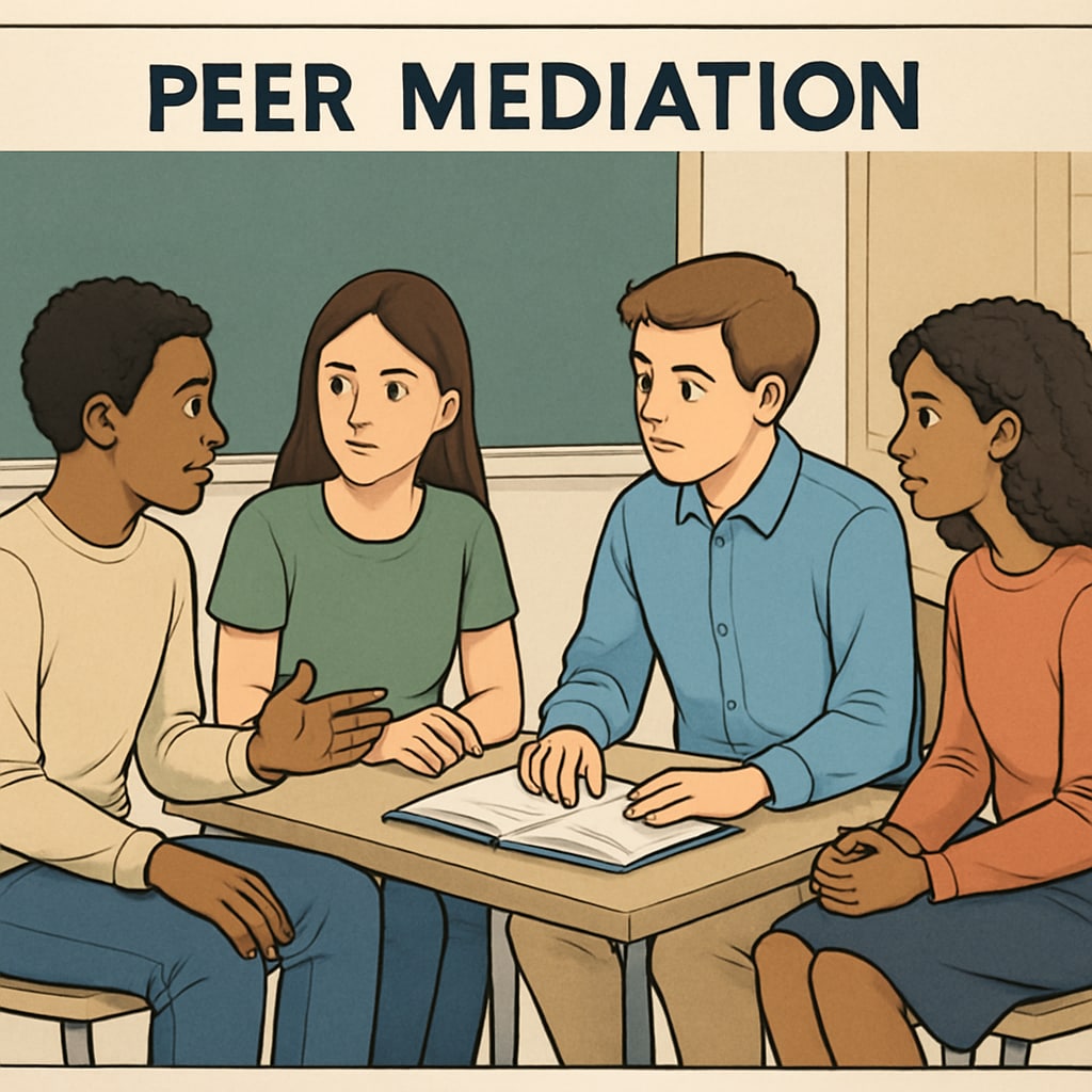 Students participating in a peer mediation session, showcasing collaborative problem-solving in action. Students in a peer mediation session addressing school bullying collaboratively.