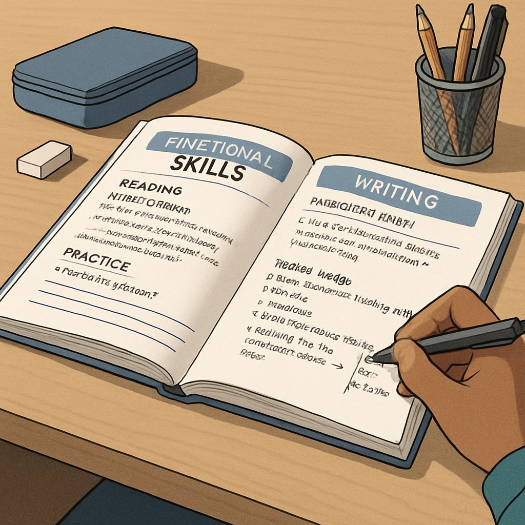 Functional Skills English workbook with student notes for reading comprehension practice.