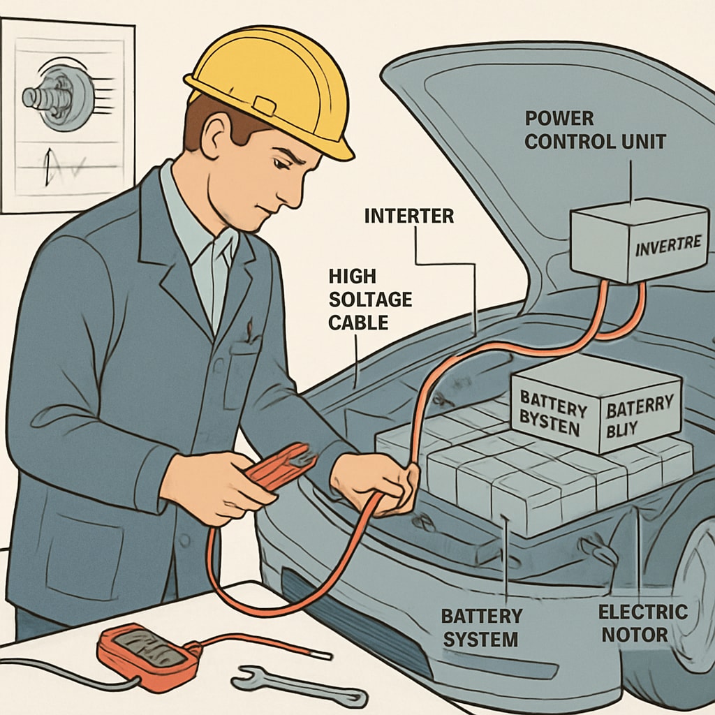 A professional repairing an electric vehicle battery system with electrical tools.