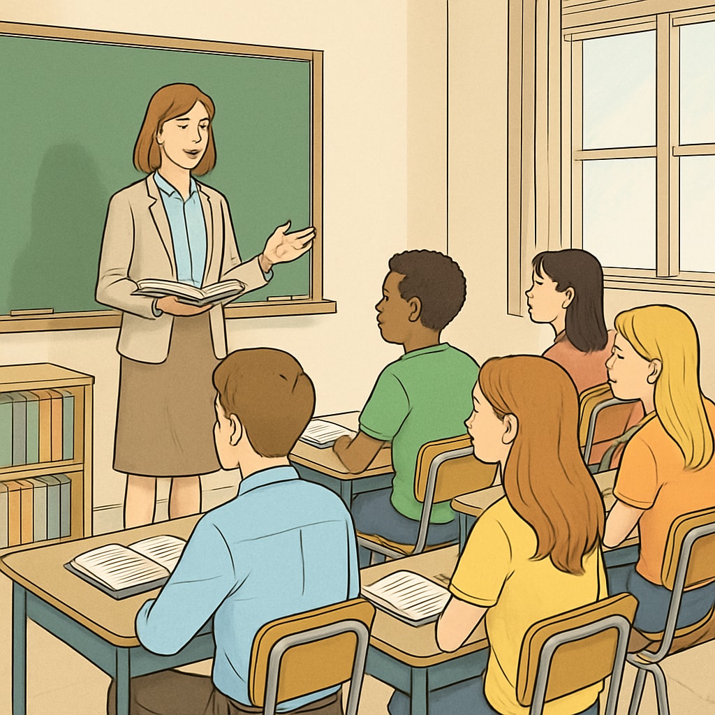Students sitting in a classroom paying attention to their teacher, with no mobile phones visible on desks. Classroom with attentive students and no visible mobile phones