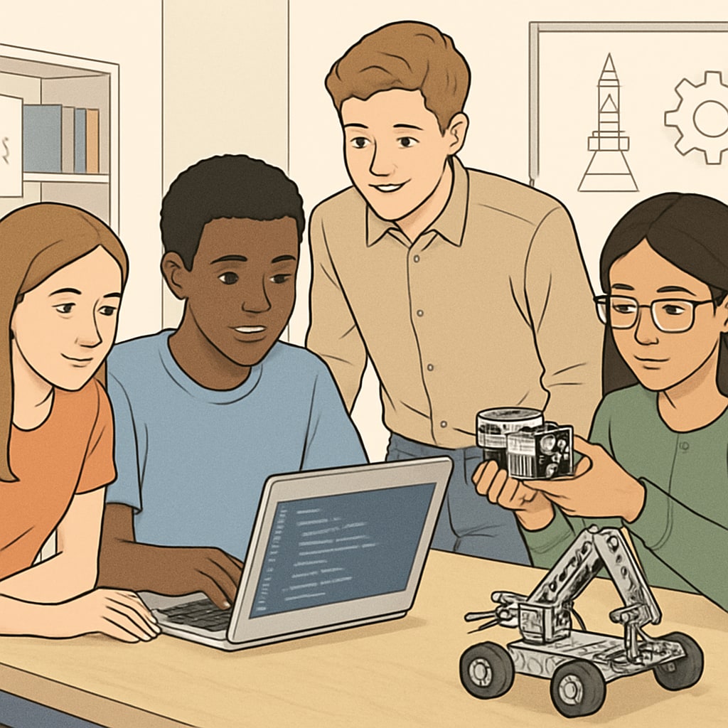 Teenagers exploring programming and engineering concepts, relevant to career choices in AI-driven fields.