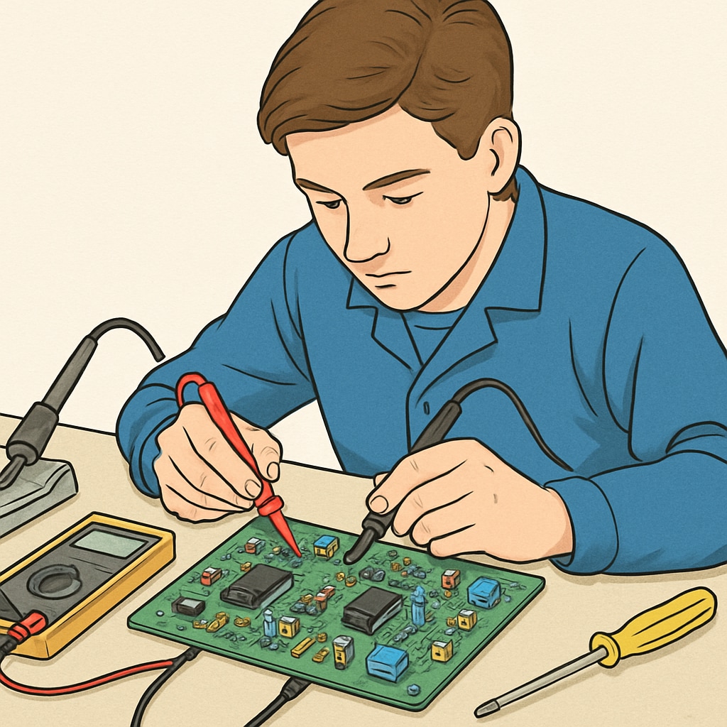An apprentice wiring a circuit board for automotive applications.