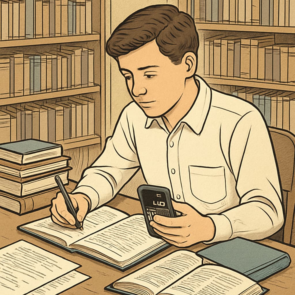 A student using a smartphone as a calculator and research tool during a study session in a library. Student using a smartphone for educational purposes in a library