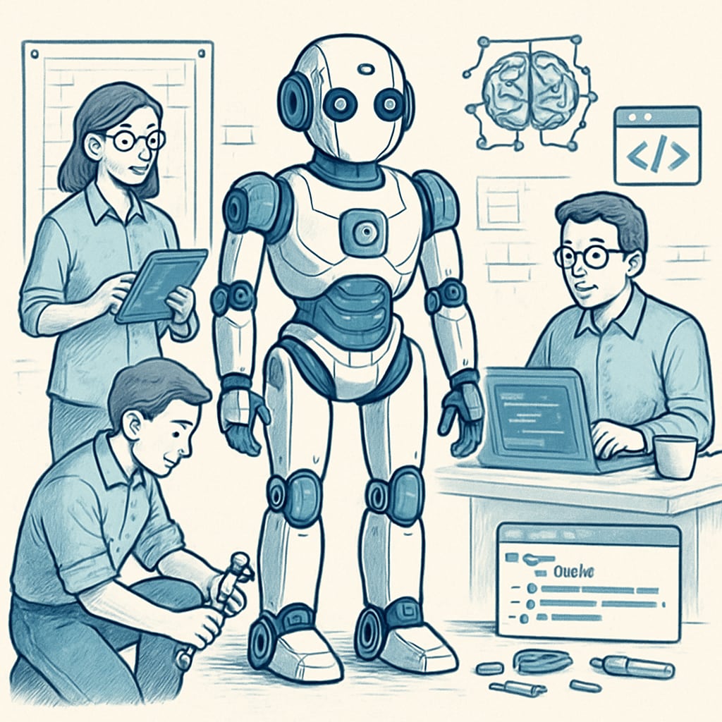Robot created by engineers and programmers, illustrating career paths in AI-driven professions.