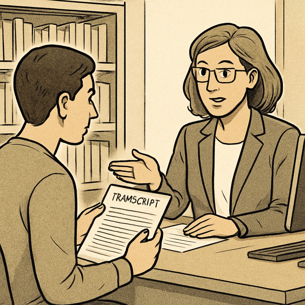 A professional setting showing a student discussing transcript requirements with an academic advisor or administrative officer. Student discussing unpaid school fees and transcript requirements with advisor.