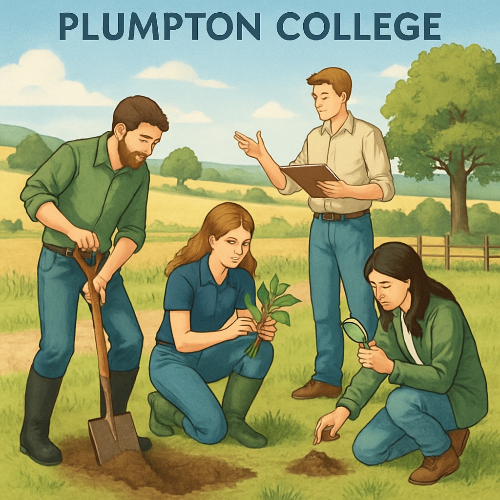 A group of students engaging in agricultural studies at Plumpton College, with a focus on hands-on learning in a countryside setting. Plumpton College students learning agriculture through practical activities.