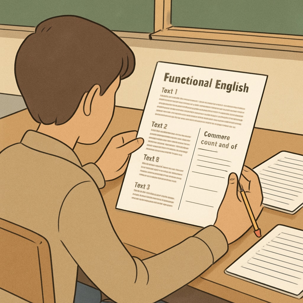 A student analyzing different text types on a Functional English test. A student analyzing text purposes in Functional English reading exams.