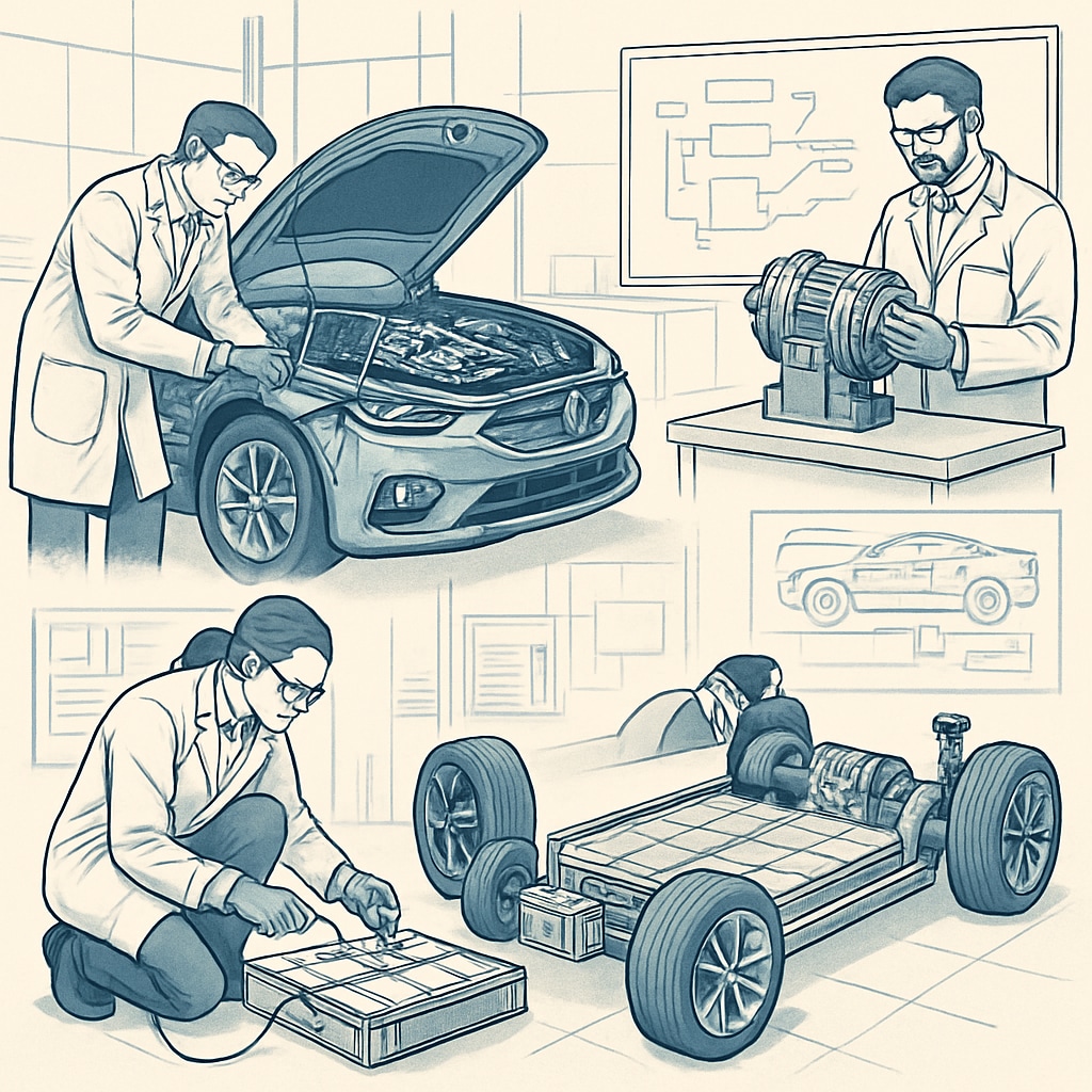 A high-tech automotive workshop featuring engineers working on electric vehicle systems. Engineers working on electric vehicle systems, showcasing the integration of electrical technology into automotive industry advancements.