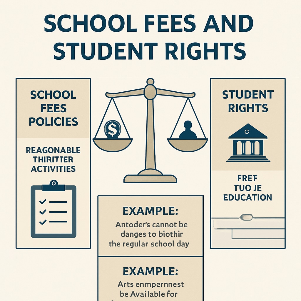 A detailed infographic explaining the balance between school fee policies and student rights, highlighting key legal examples. Infographic on unpaid school fees policies and student rights regarding transcripts.