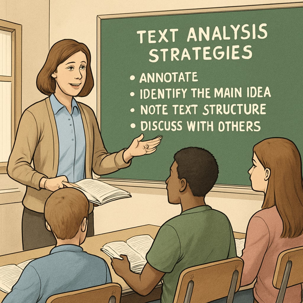 A teacher explaining text analysis strategies to students in a classroom setting. A classroom scene where a teacher explains how to identify text purposes in Functional English.