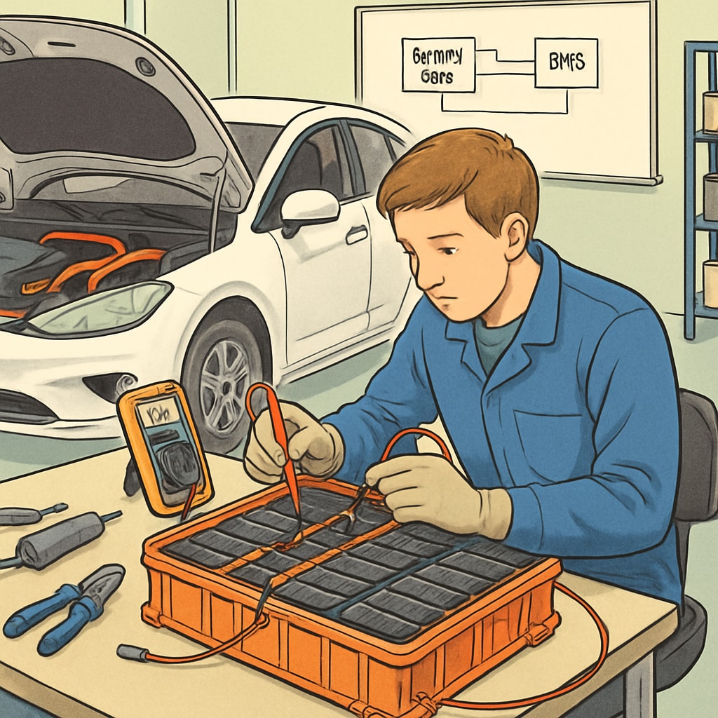 An apprentice working on an electric vehicle’s battery management system in a training environment. Apprentice working on electric vehicle battery systems, demonstrating hands-on learning in electrical technology for automotive applications.