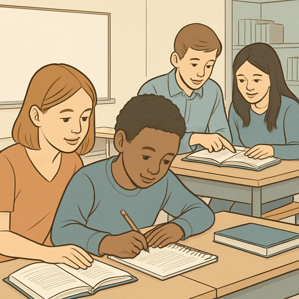 A group of students collaborating in a classroom setting, reflecting the theme of effective learning methods. Students discussing effective learning methods in a classroom environment.