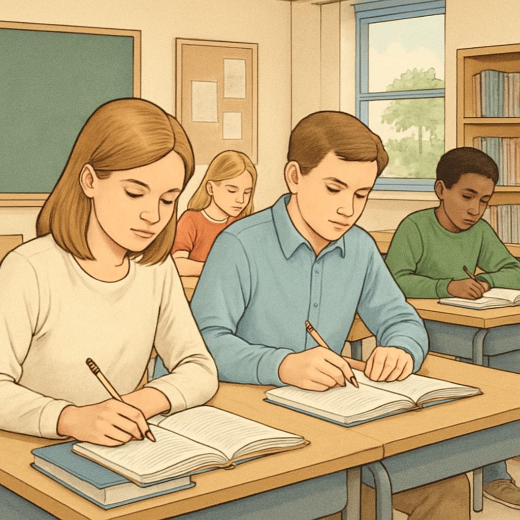 A classroom setting showing students focusing on their studies without mobile phones visible, symbolizing the impact of a mobile phone ban. Students in a classroom focused on learning, with no mobile phones visible.
