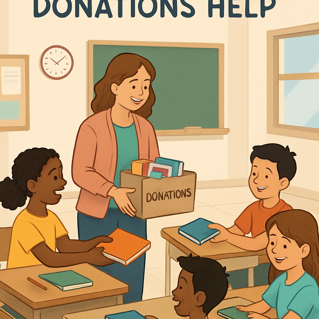 Teacher distributing donated supplies to students in a classroom