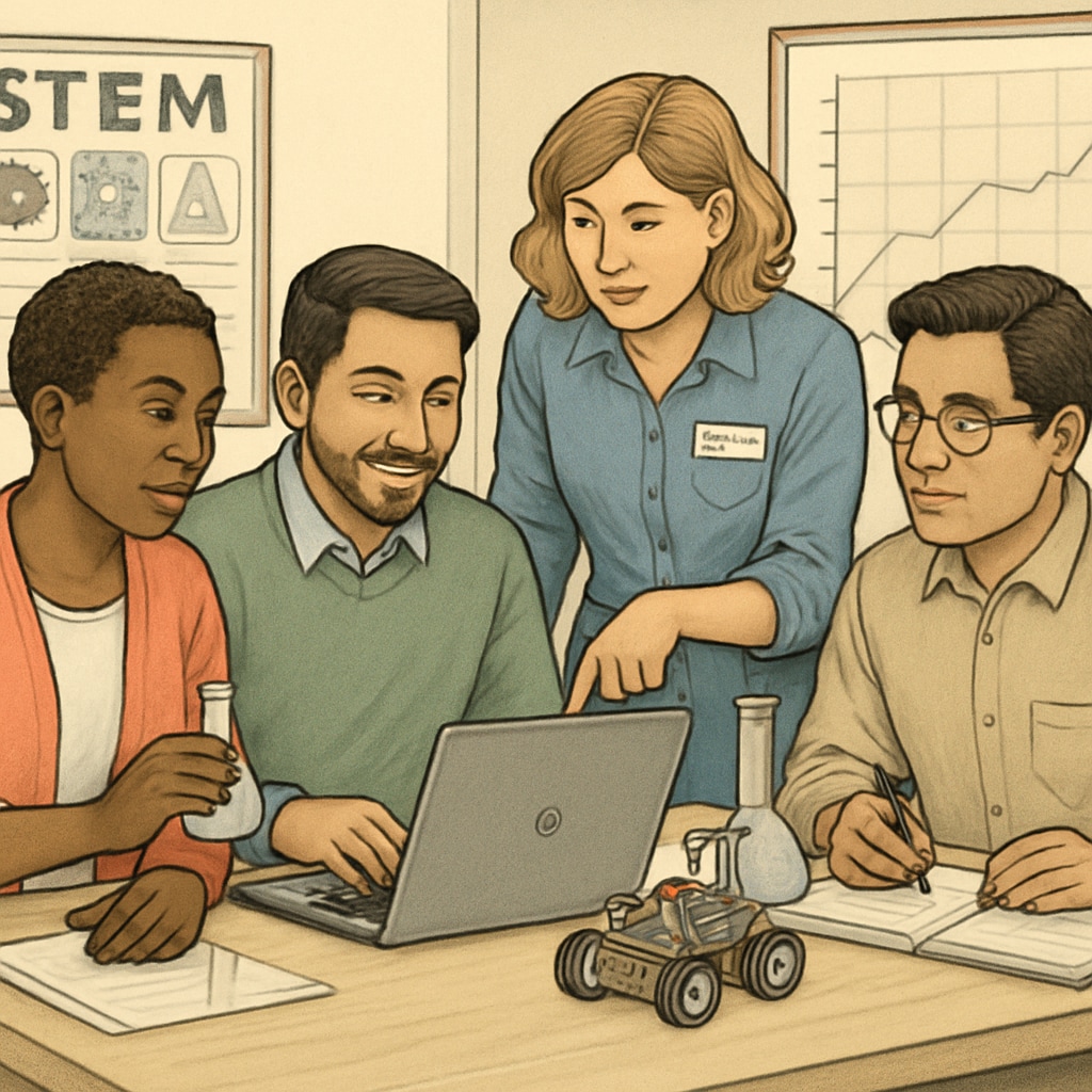A group of middle school teachers collaborating on a STEM project, representing the OpenSciEd community. Teachers collaborating on STEM projects in the OpenSciEd middle school science community.