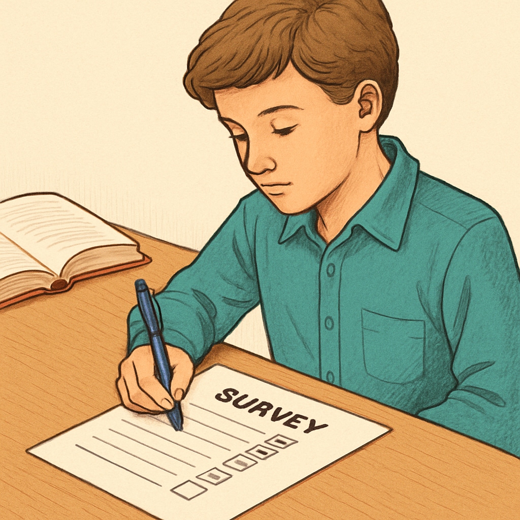A detailed survey form being filled out by a participant, symbolizing active engagement in educational research. Participant completing a survey on learning methods for K12 education.