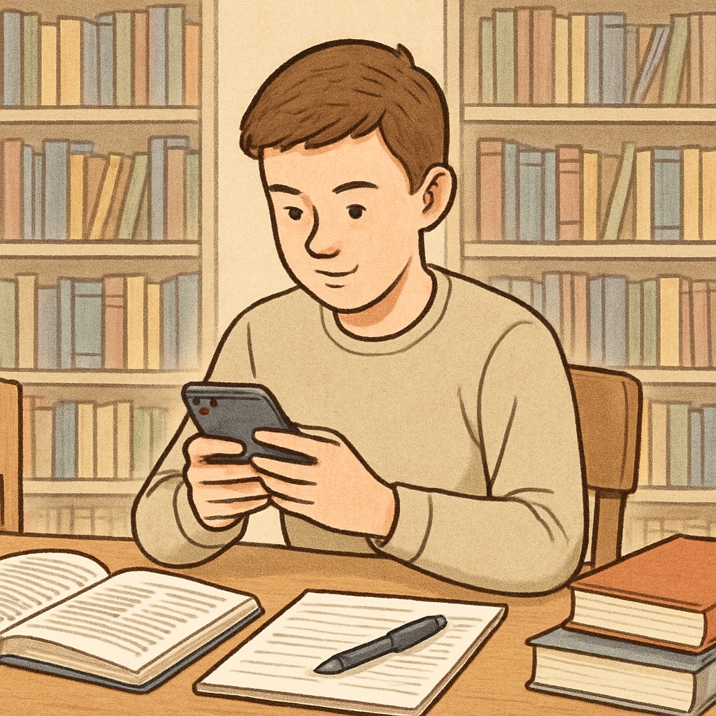 A student holding a smartphone in a library, using it for educational purposes, emphasizing the constructive use of technology in schools. A student using a smartphone in a library for educational purposes.