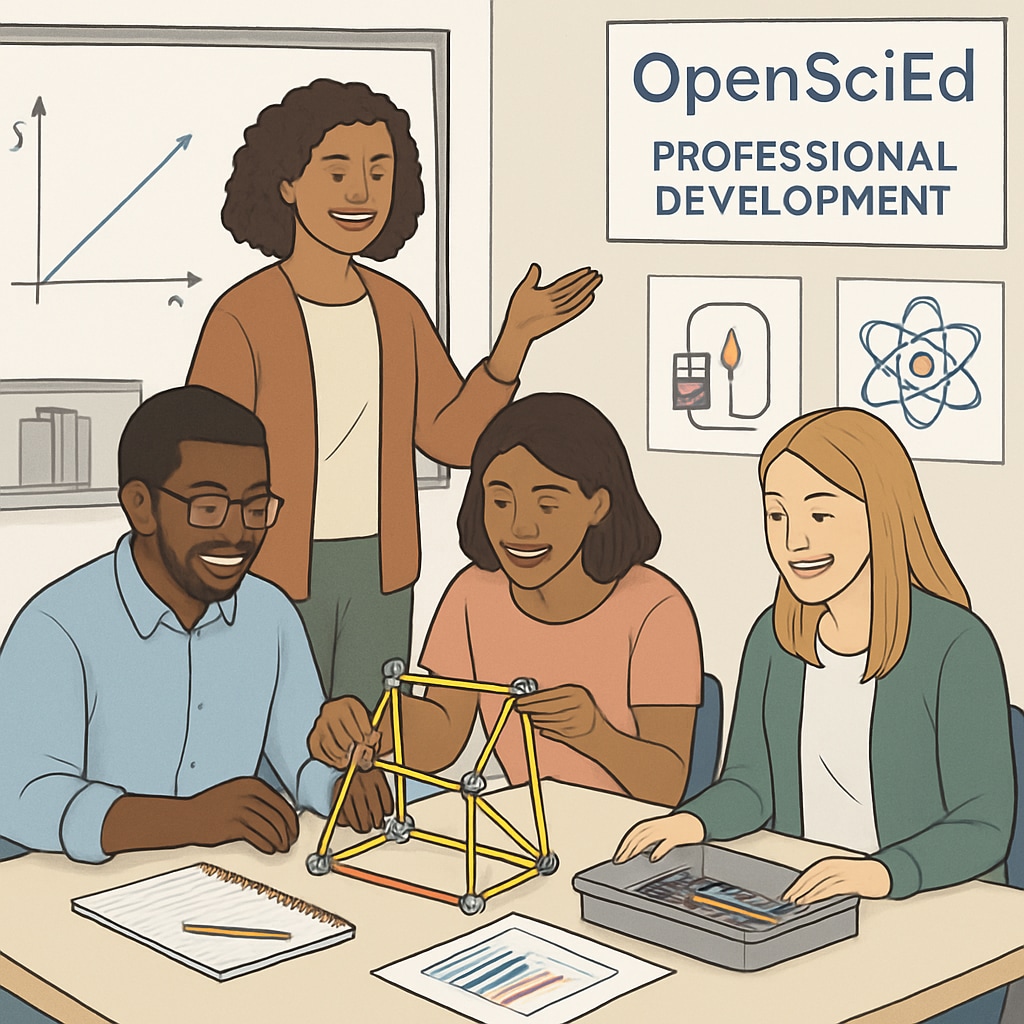A workshop where educators are engaged in a hands-on STEM activity, illustrating professional development opportunities in the OpenSciEd community. Educators participating in a STEM workshop as part of the OpenSciEd community.
