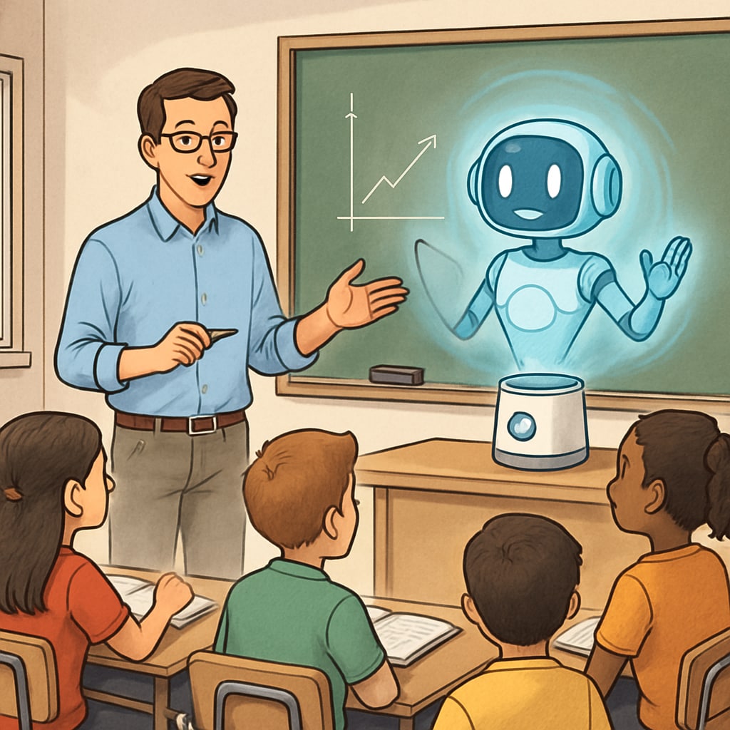 Classroom featuring teacher and AI assistant collaborating.