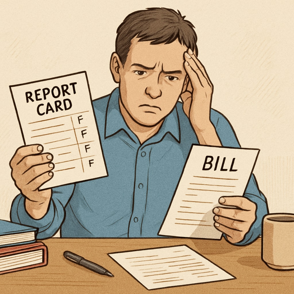 A frustrated parent looking at a bill while holding their child's report card. Parent reviewing unpaid balances while holding a school transcript.