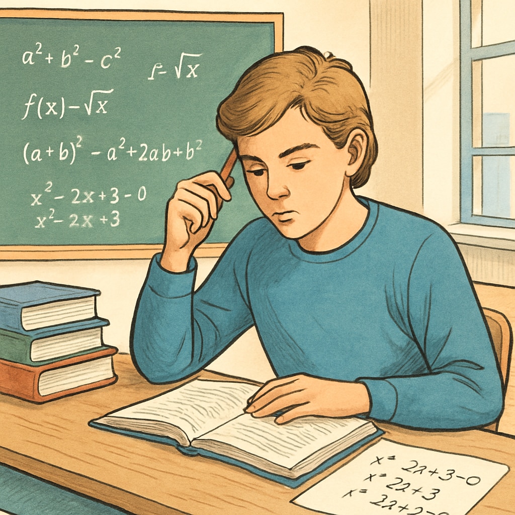 A thoughtful student solving a challenging high school mathematics problem in a classroom setting. High school student solving a mathematics problem.