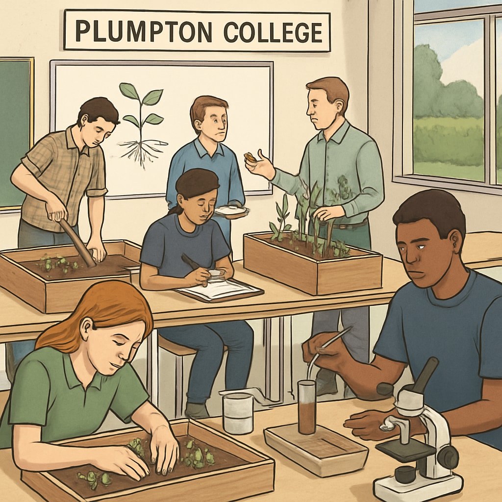 A classroom setting at Plumpton College with students engaging in hands-on agricultural activities. Students at Plumpton College participating in practical agricultural exercises.