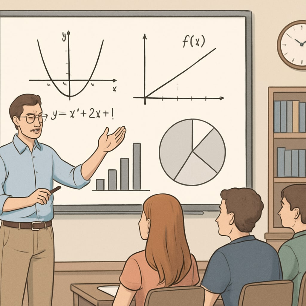 A teacher explaining a complex mathematical concept to high school students using visual aids such as graphs and charts. Teacher using visual aids to teach high school mathematics.