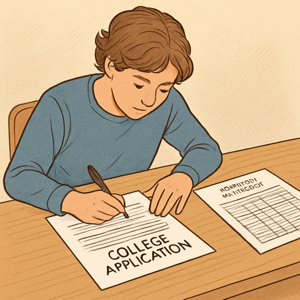 A student filling out a college application form with unofficial transcripts. Student using unofficial transcripts for a college application.