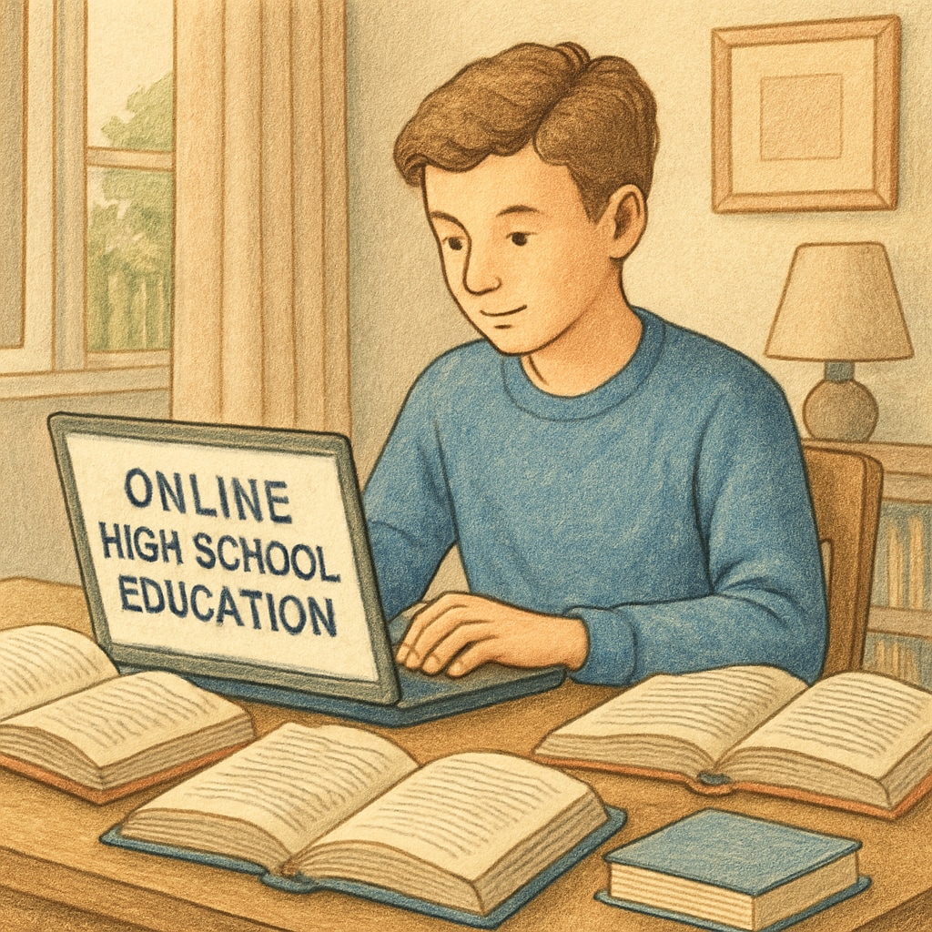 A student studying at home with a laptop and books, showcasing the flexibility of online high school education. A student engaging in online high school education with books and a laptop.