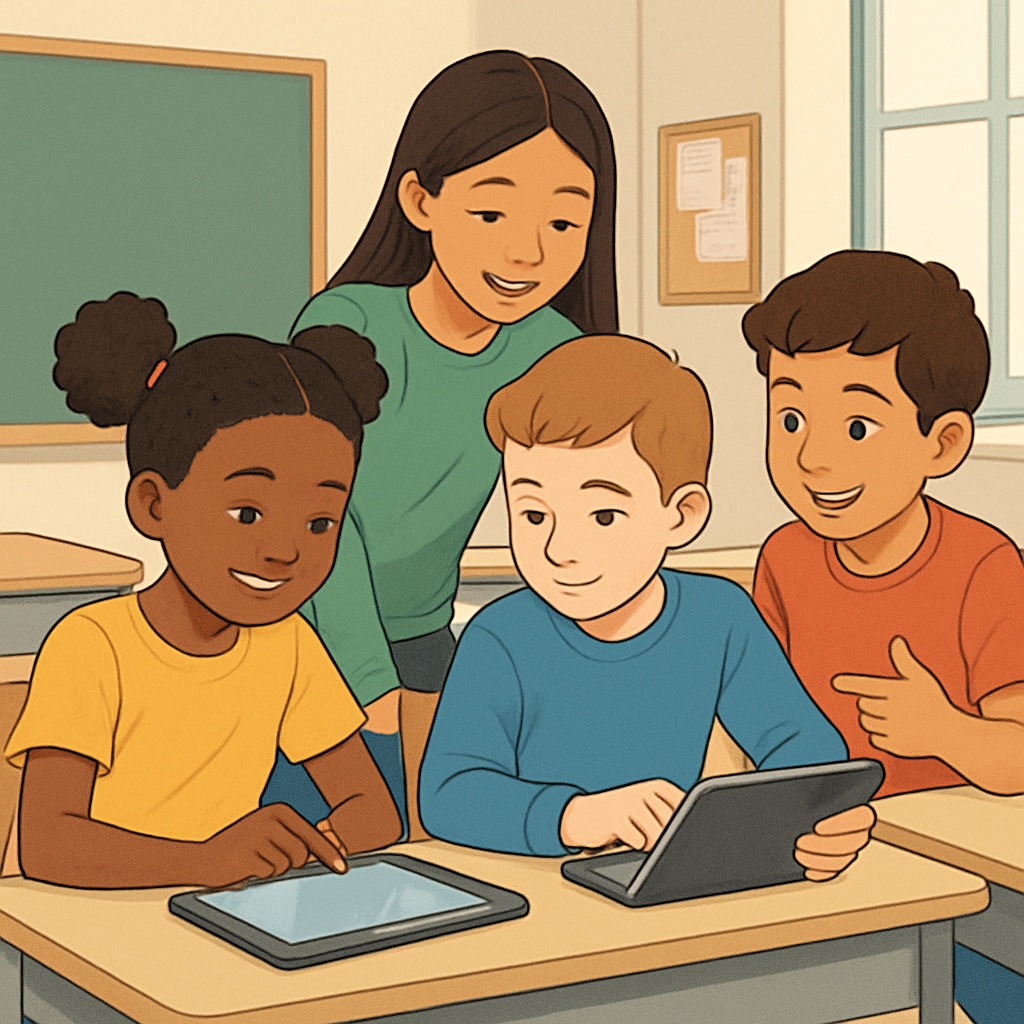 A classroom setting with diverse students working together on tablets, symbolizing modern K12 education methods. Students collaborating on tablets in a K12 classroom to explore effective learning methods.