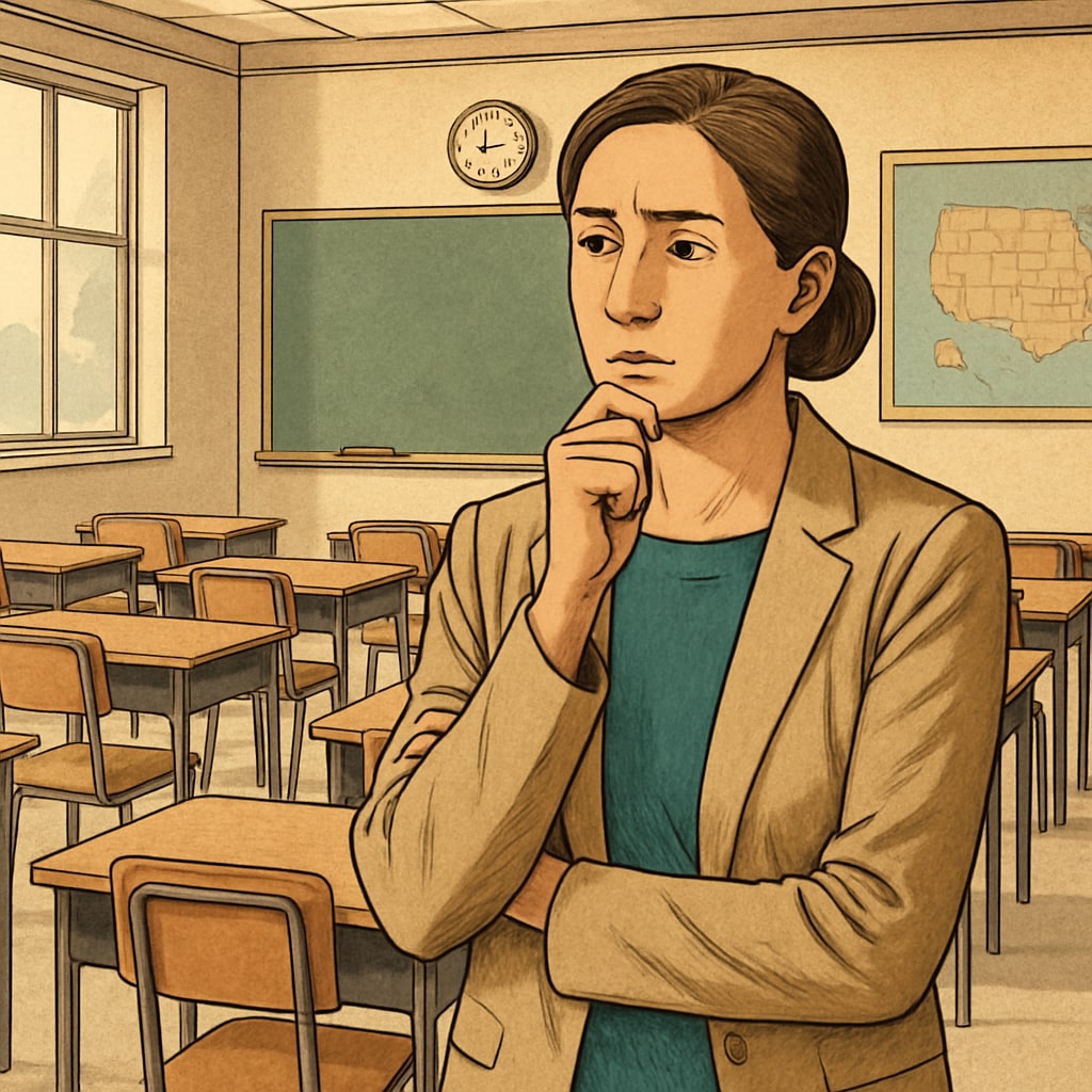 A teacher stands in a closed public school classroom, symbolizing the impact of funding redirection. A teacher in a closed classroom, representing the effects of education privatization.