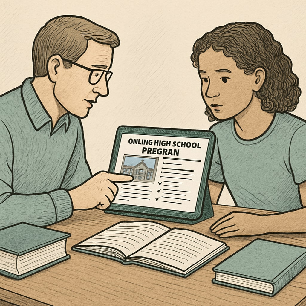 A parent and student reviewing an online high school program website on a tablet, emphasizing the importance of research and informed decision-making. Parent and student researching online high school programs together.
