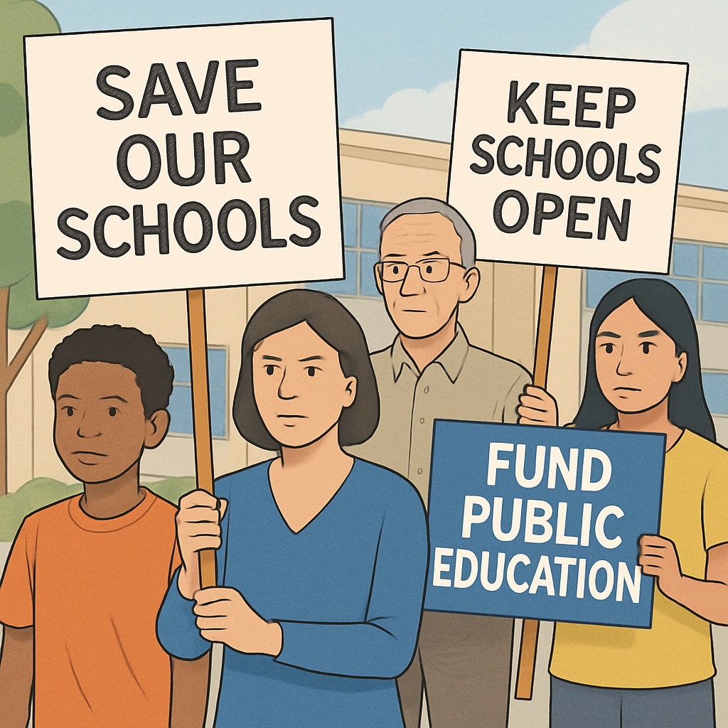 A protest against school closures, with signs advocating for public education funding. Protesters holding signs supporting public education and opposing school closures.