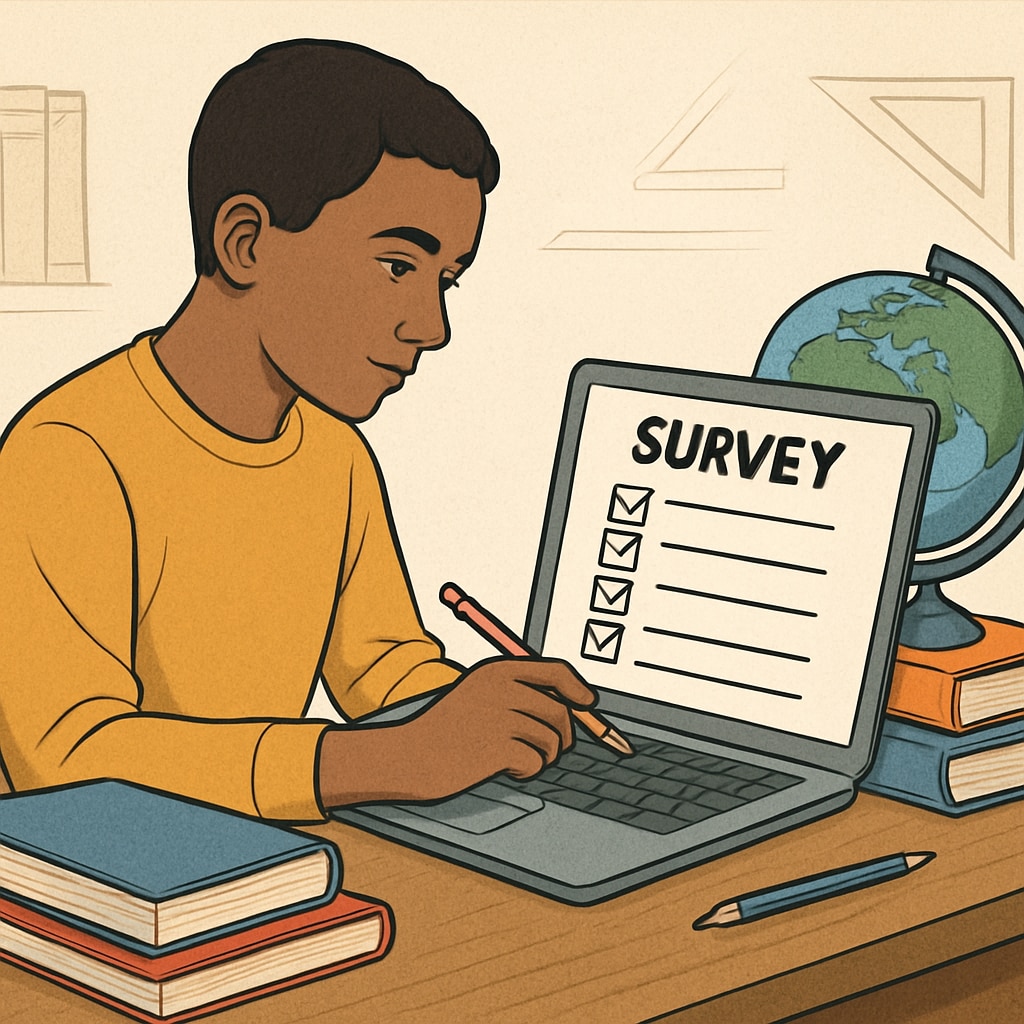 An individual filling out a survey form on a laptop, symbolizing active contribution to K12 education research. Person completing a research survey form on a laptop to share insights on K12 learning methods.