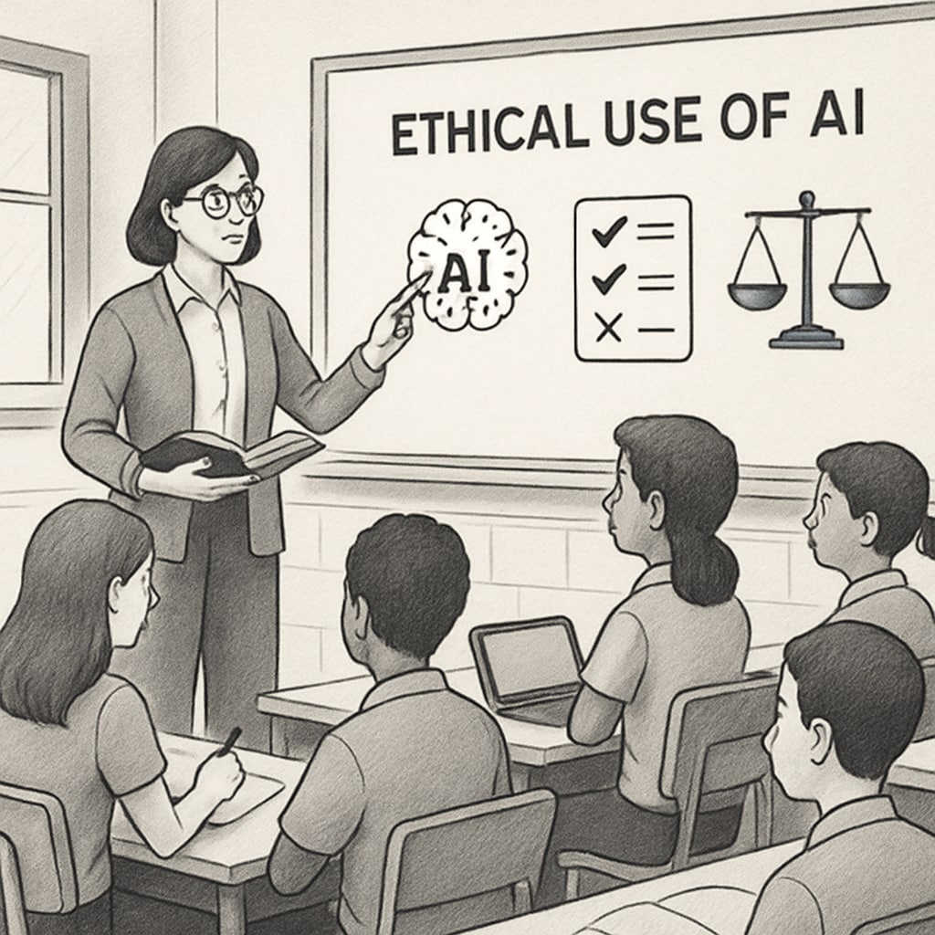 A classroom setting where an educator is explaining AI tools to students, emphasizing ethical use. Students are engaged and attentive. Educator explaining AI tools and academic integrity to students in a classroom setting.